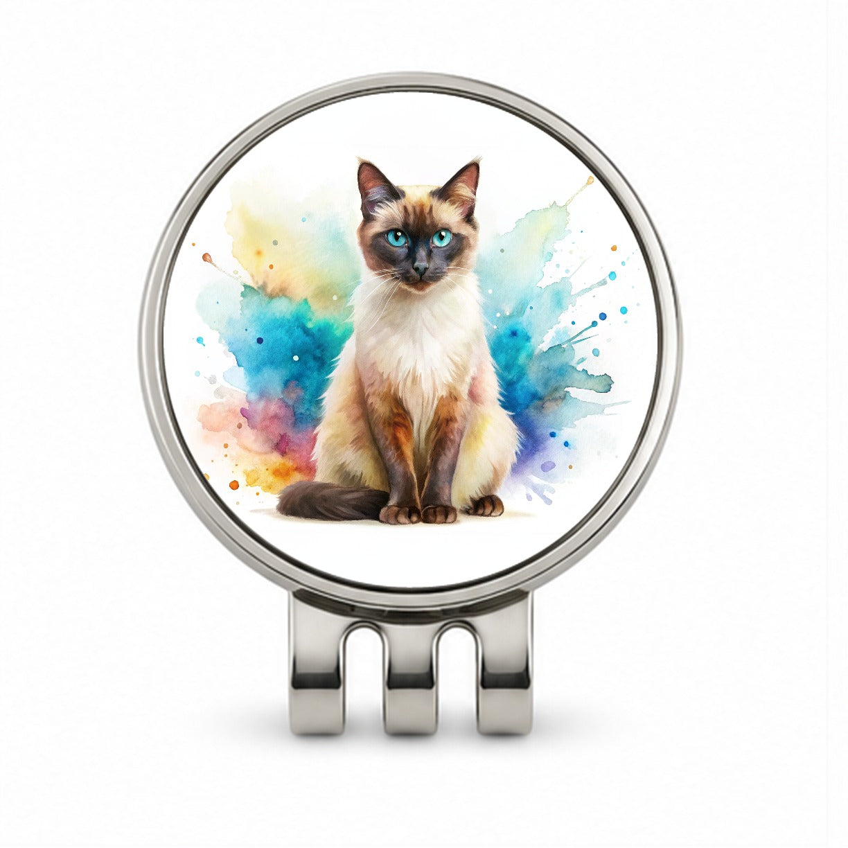 Balinese Cat Watercolor Style Golf Hat Clip with Ball Marker