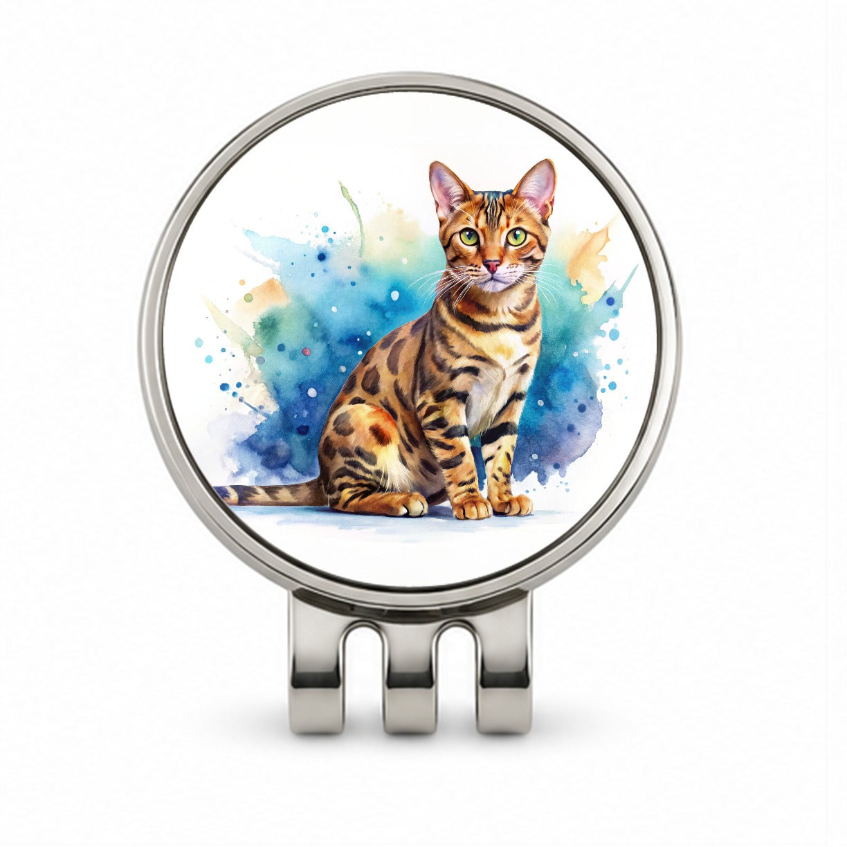 Bengal Cat Watercolor Style Golf Hat Clip with Ball Marker