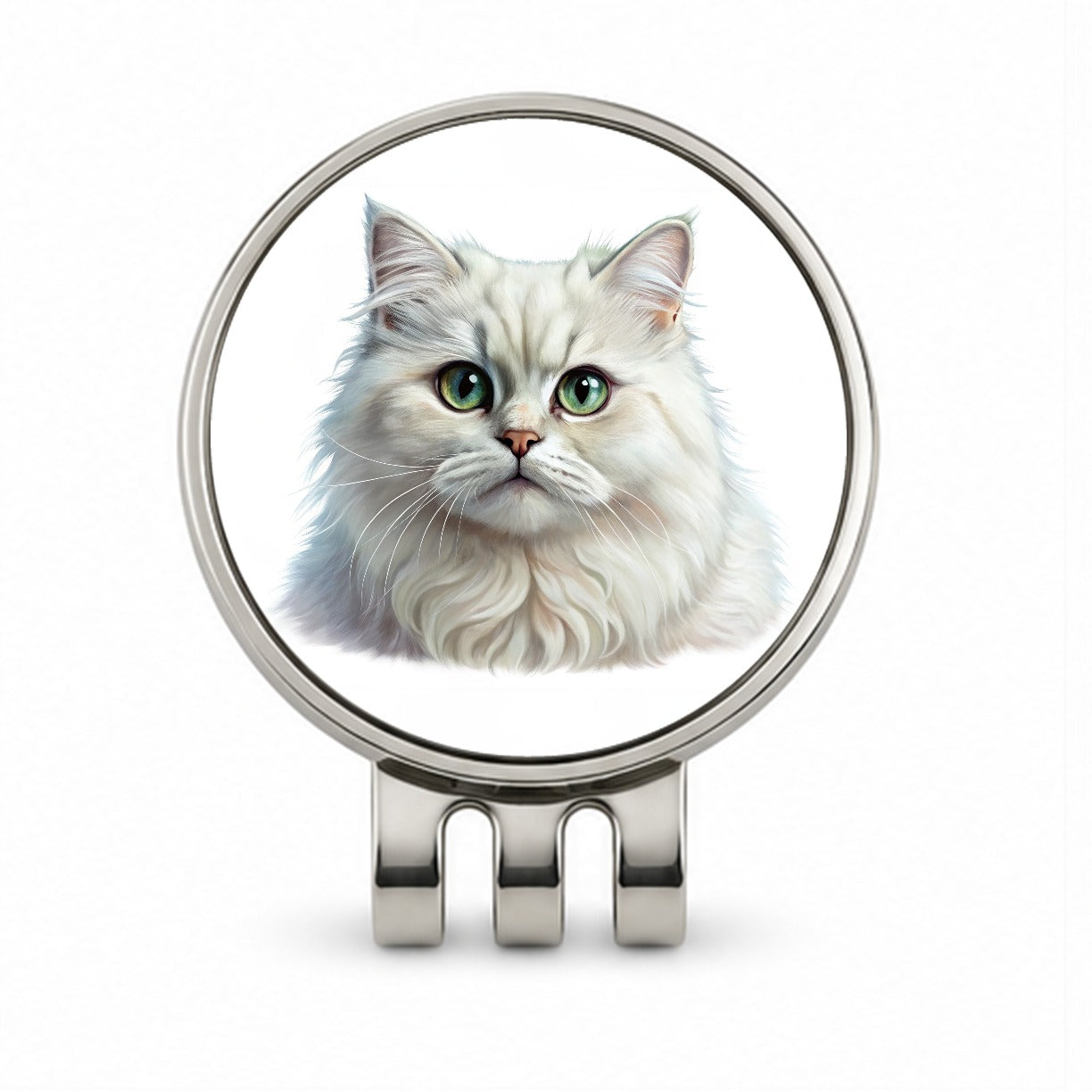 British Longhair White Cat Illustration Golf Hat Clip with Ball Marker