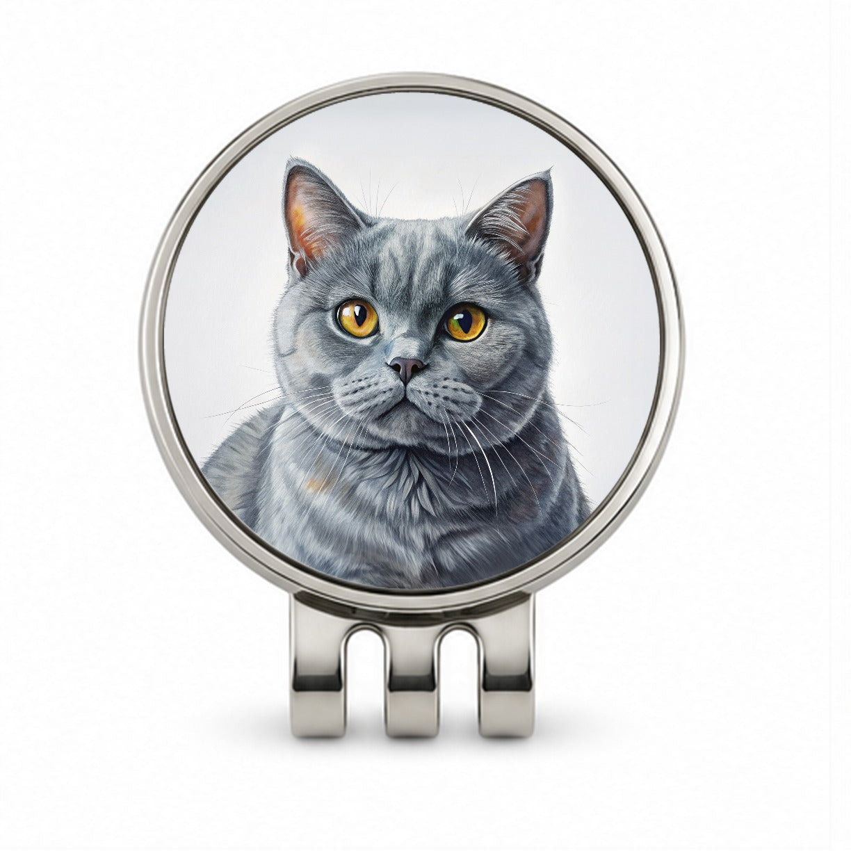 British Shorthair Gray Cat Illustration Golf Hat Clip with Ball Marker