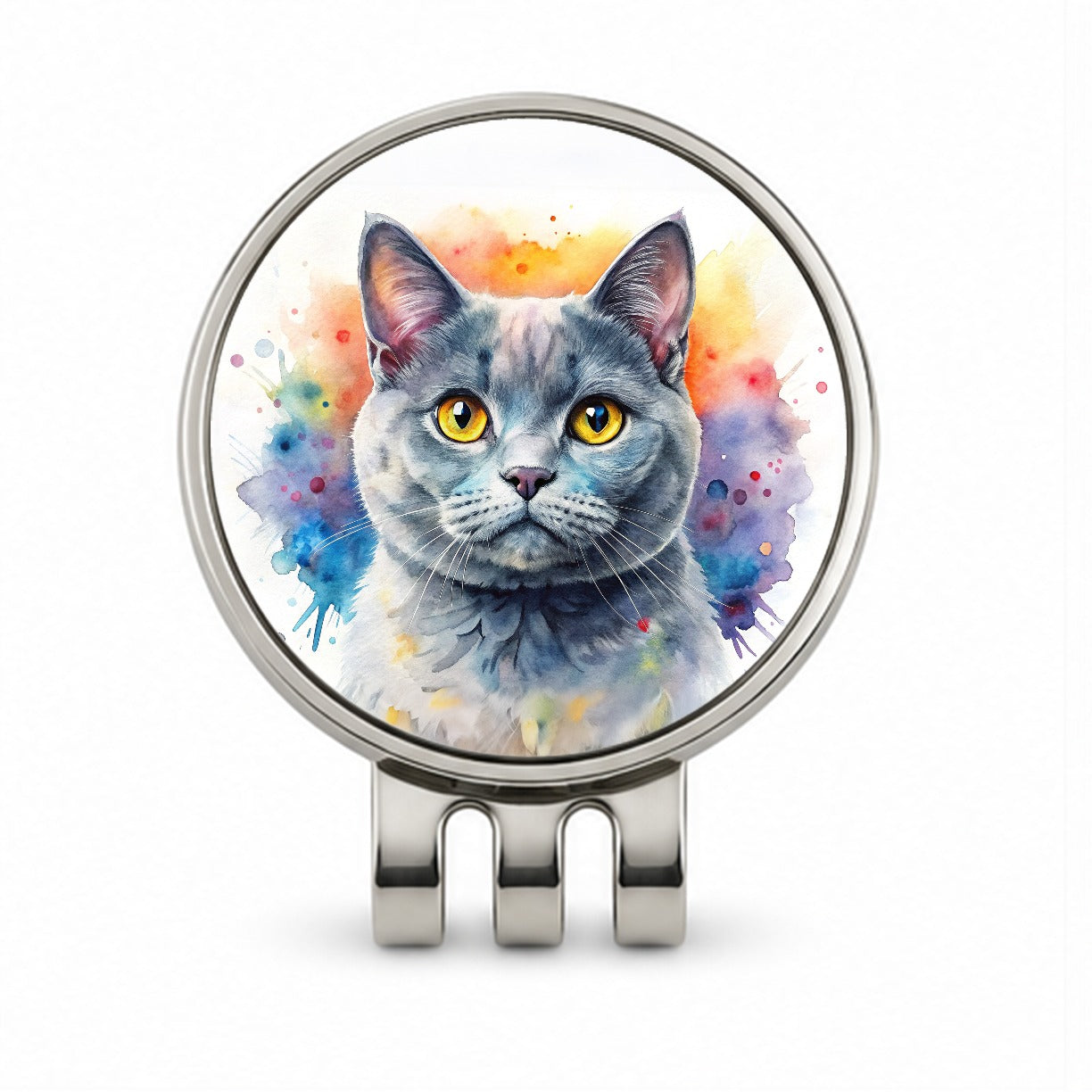 British Shorthair Gray Cat Watercolor Style Golf Hat Clip with Ball Marker