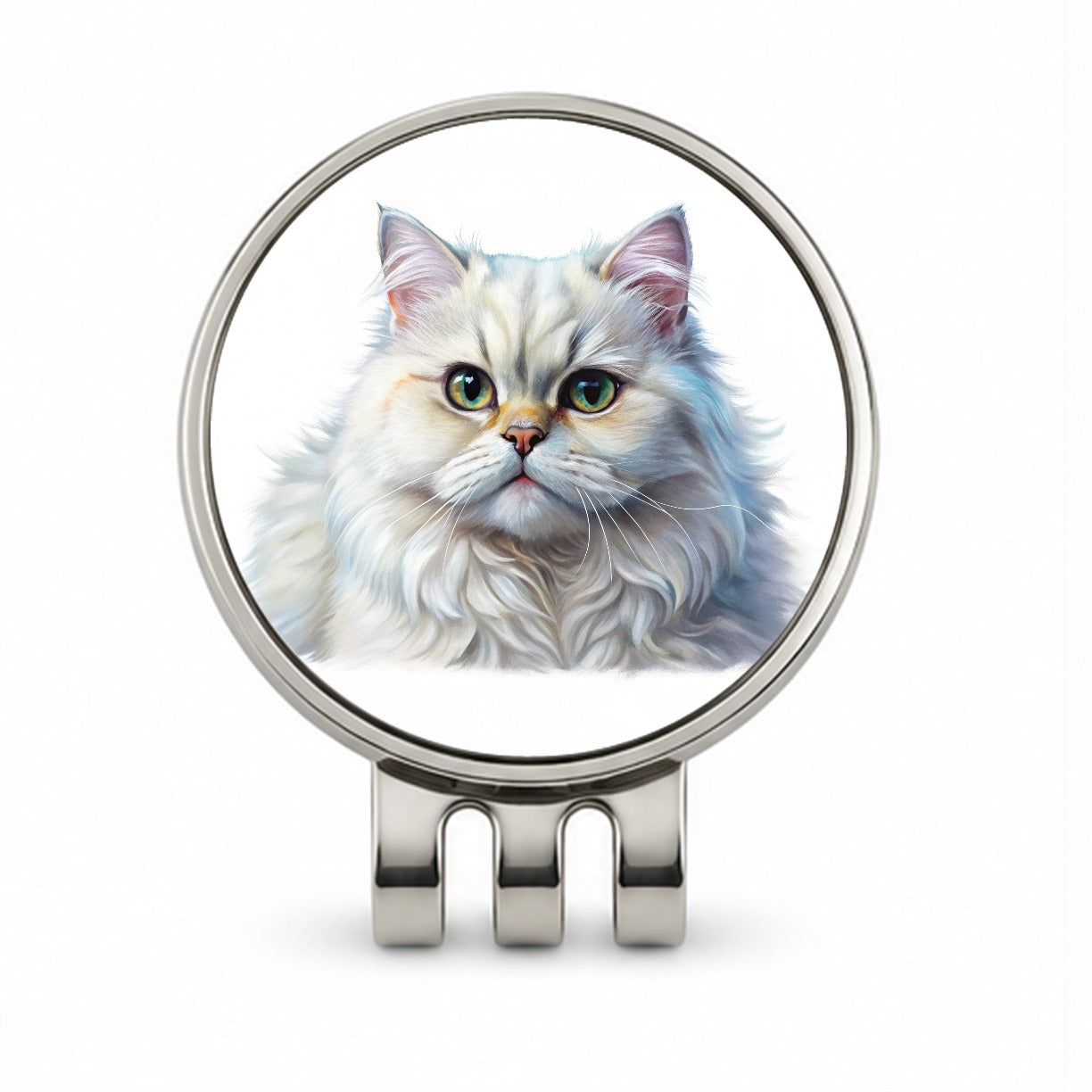 Classic Persian White Cat Illustration Golf Hat Clip with Ball Marker