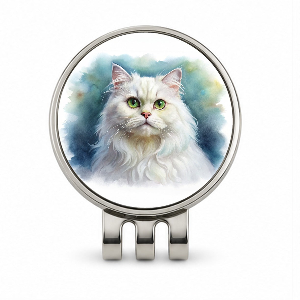 Classic Persian White Cat Watercolor Style Golf Hat Clip with Ball Marker