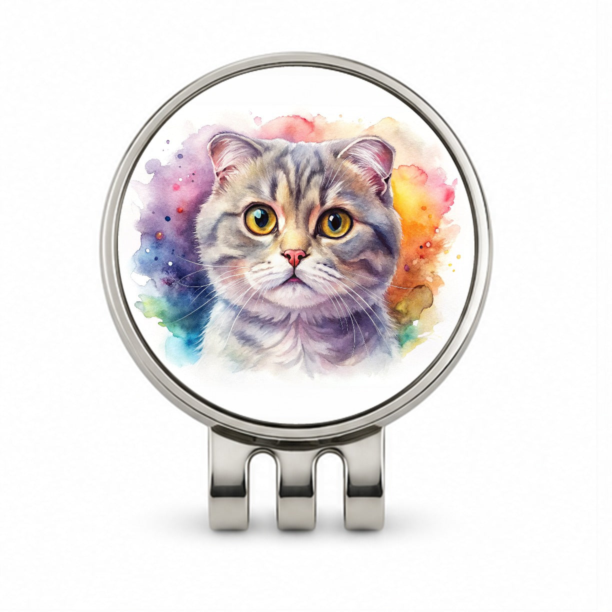 Scottish Fold Cat Watercolor Style Golf Hat Clip with Ball Marker