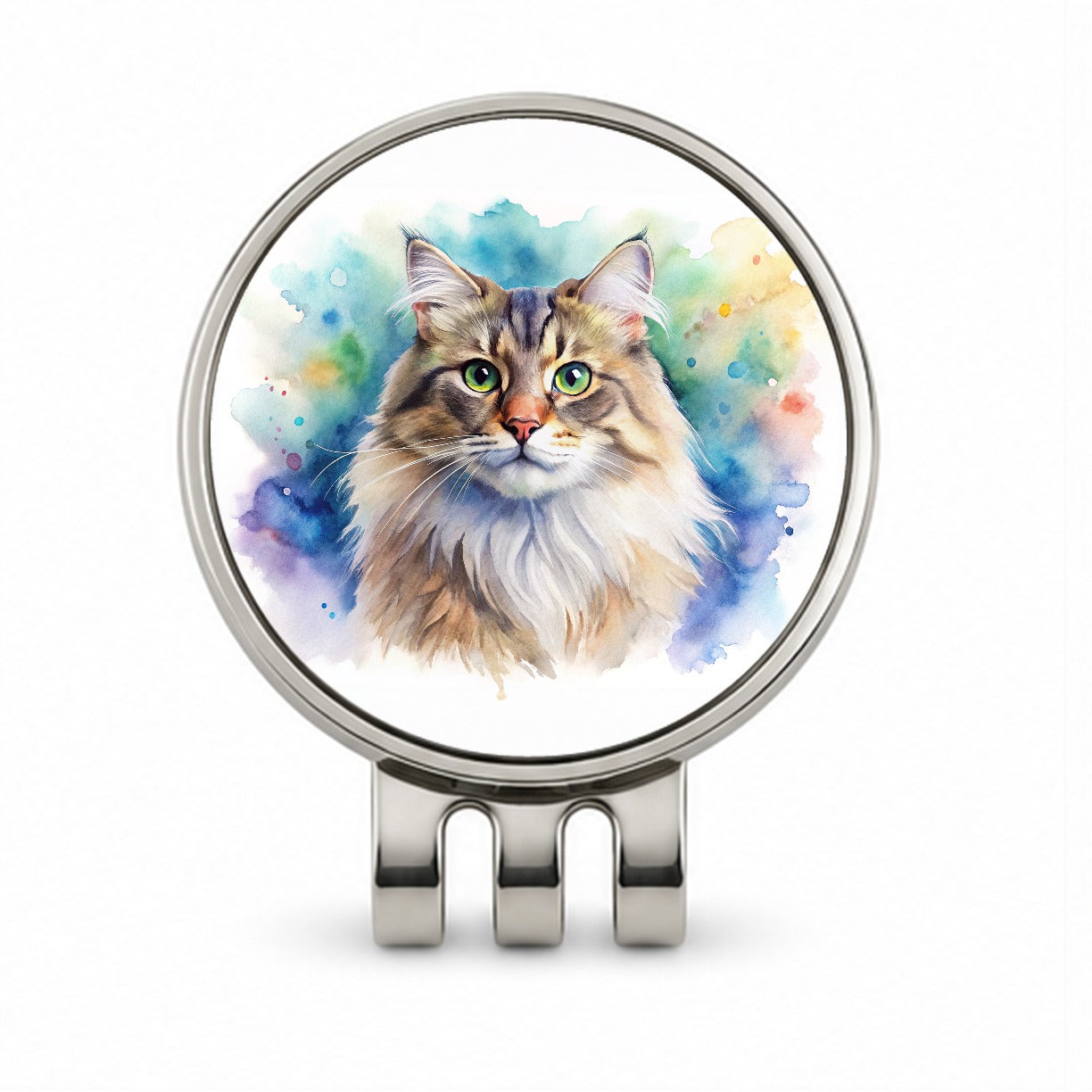 Siberian Cat Watercolor Style Golf Hat Clip with Ball Marker