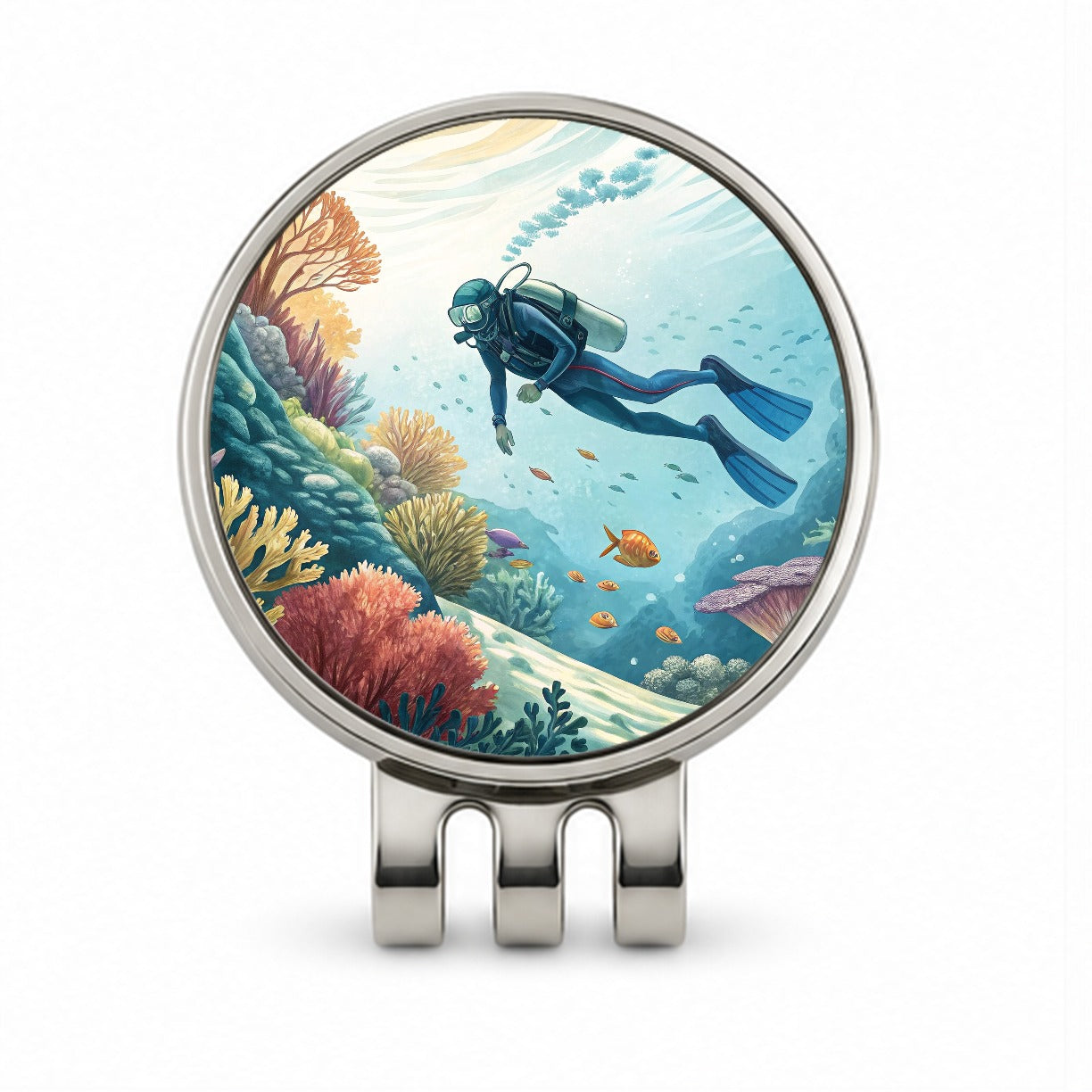 Diving Diver Exploring Underwater Golf Hat Clip with Ball Marker