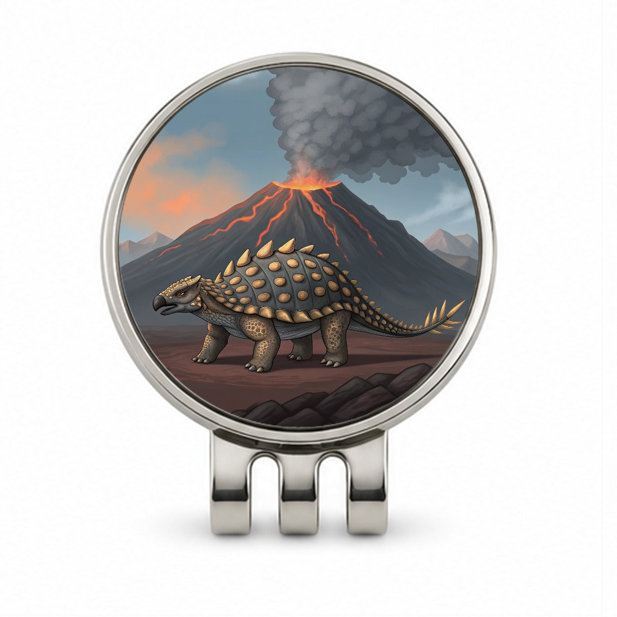 Ankylosaurus Volcano Erupting Dinosaur Golf Hat Clip with Ball Marker