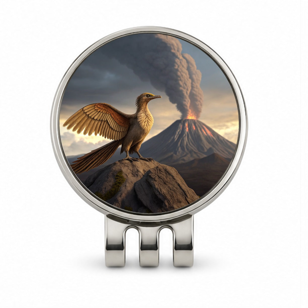 Archaeopteryx Volcano Erupting Dinosaur Golf Hat Clip with Ball Marker