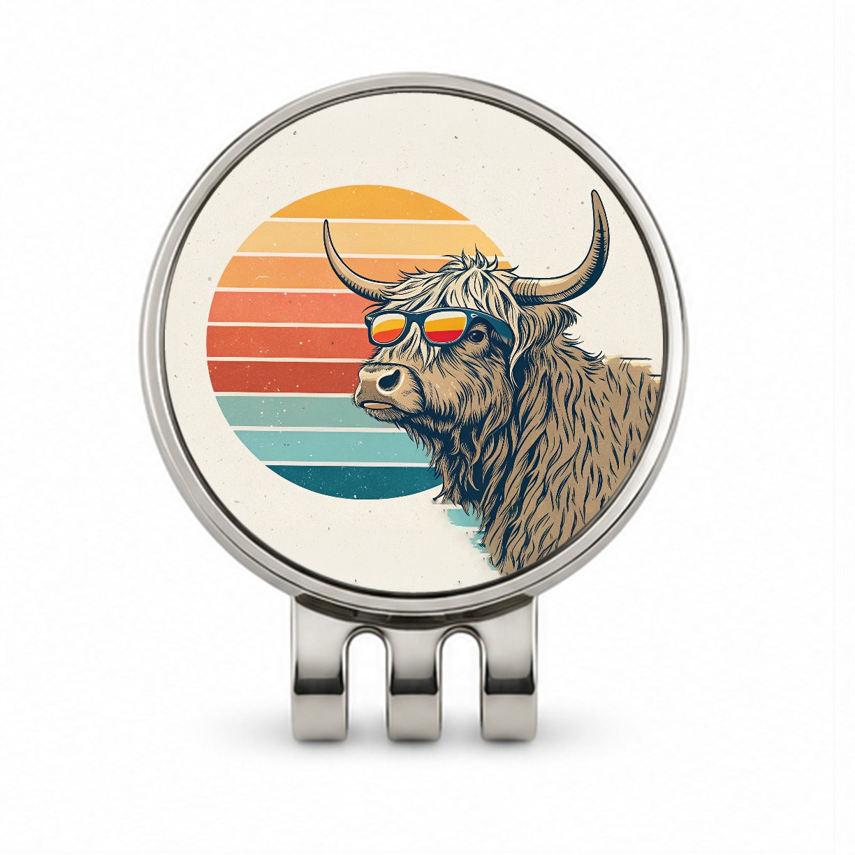 Cool Highland Cow Wearing Sunglasses Retro Illustration Golf Hat Clip with Ball Marker