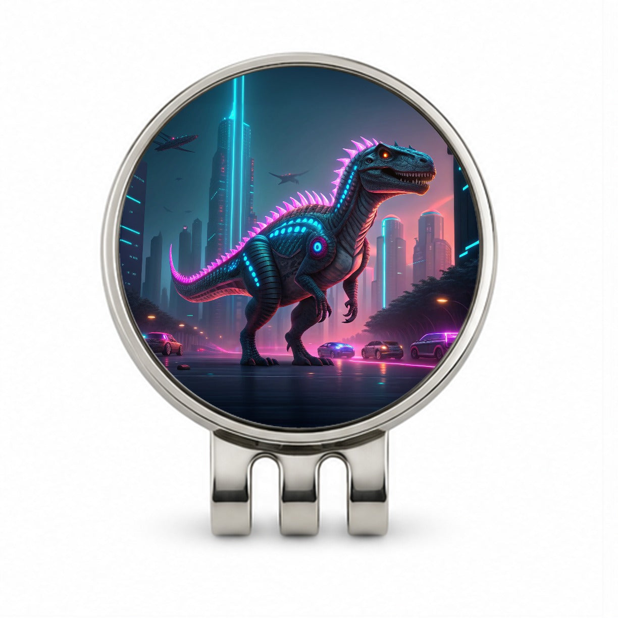 Cyberpunk Dinosaur Golf Hat Clip with Ball Marker
