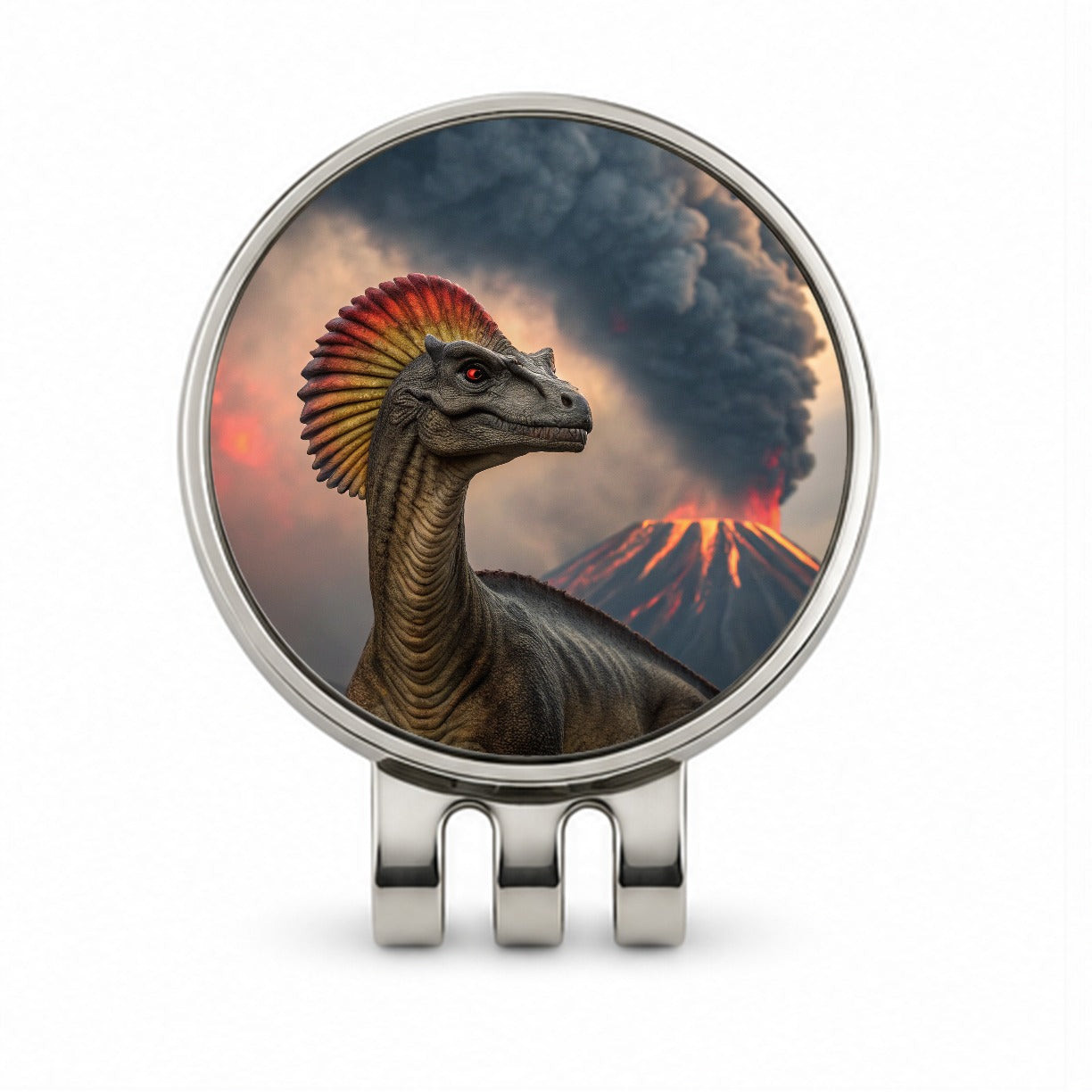 Dilophosaurus Volcano Erupting Dinosaur Golf Hat Clip with Ball Marker