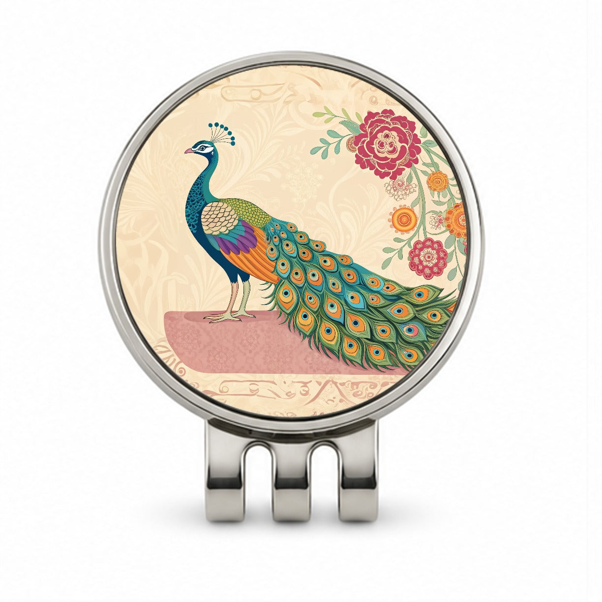 Elegant Peacock Flowers Golf Hat Clip with Ball Marker