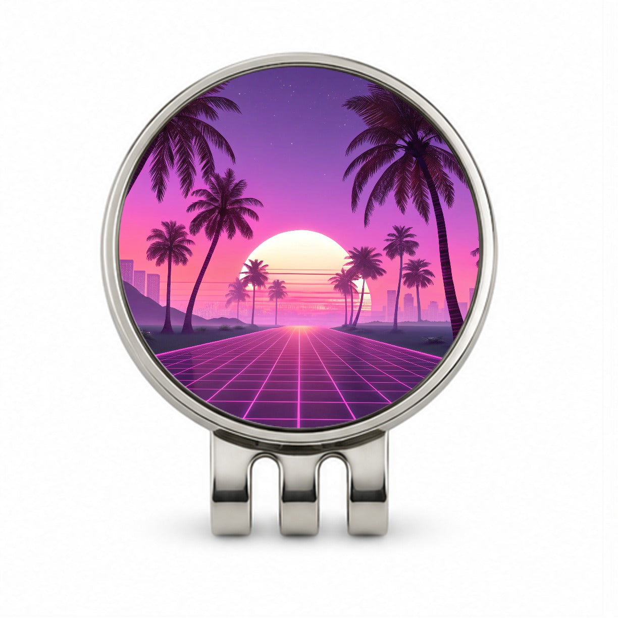Neon Pinks Purples Palm Trees Sun Setting Golf Hat Clip with Ball Marker