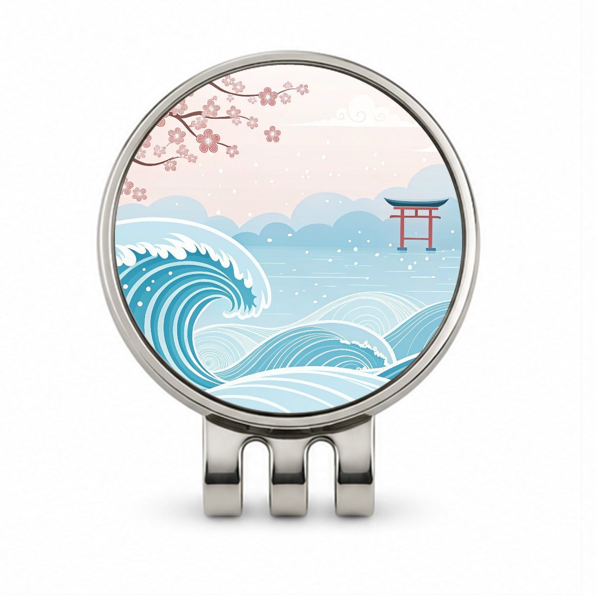 Ocean Waves Japanese Style Drawing Cherry Blossoms Golf Hat Clip with Ball Marker