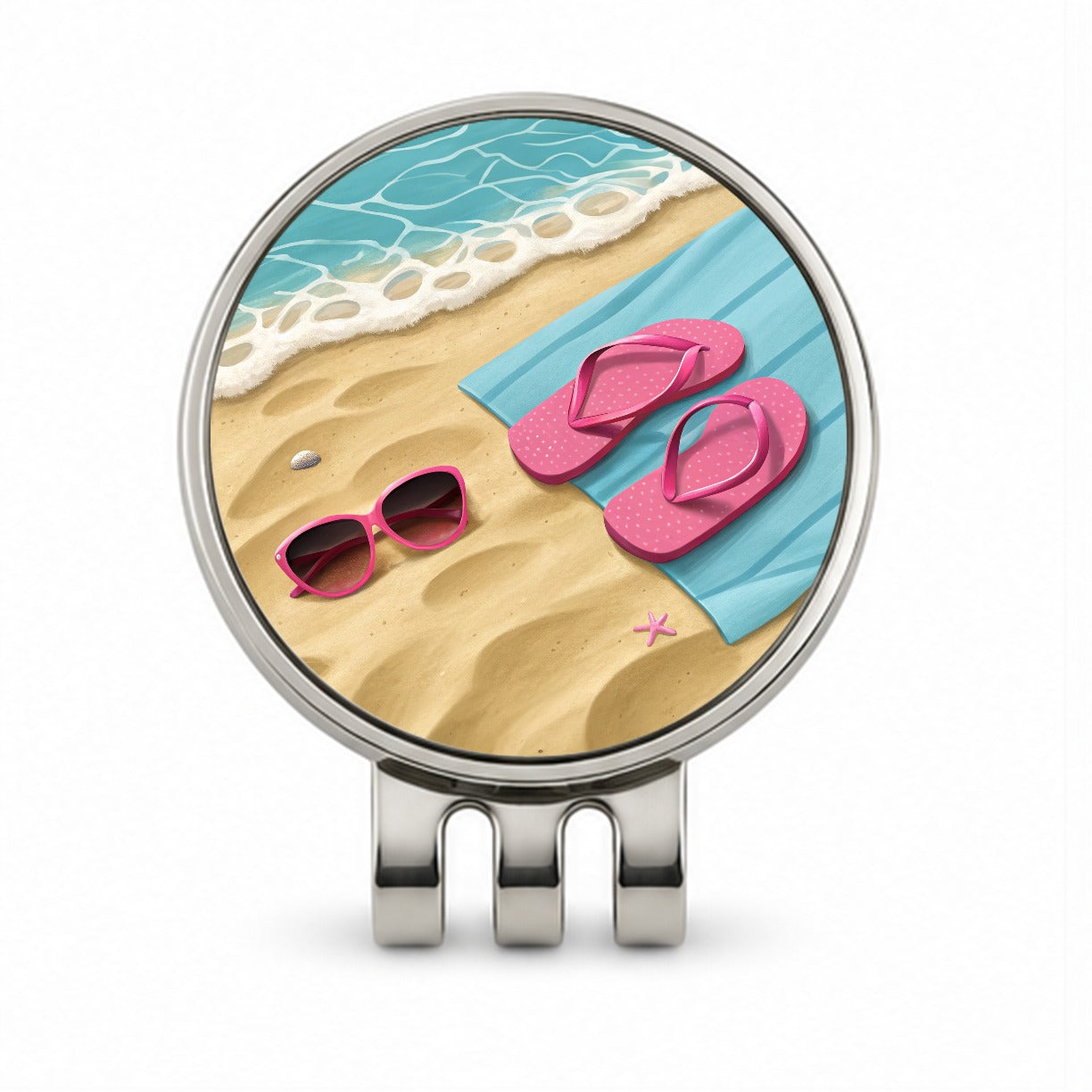 Pink Sunglasses Flip Flops Towel On Sand Beach Golf Hat Clip with Ball Marker