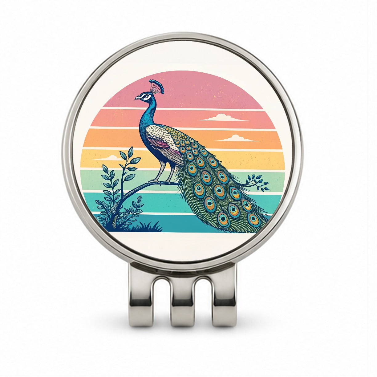 Retro Peacock Golf Hat Clip with Ball Marker