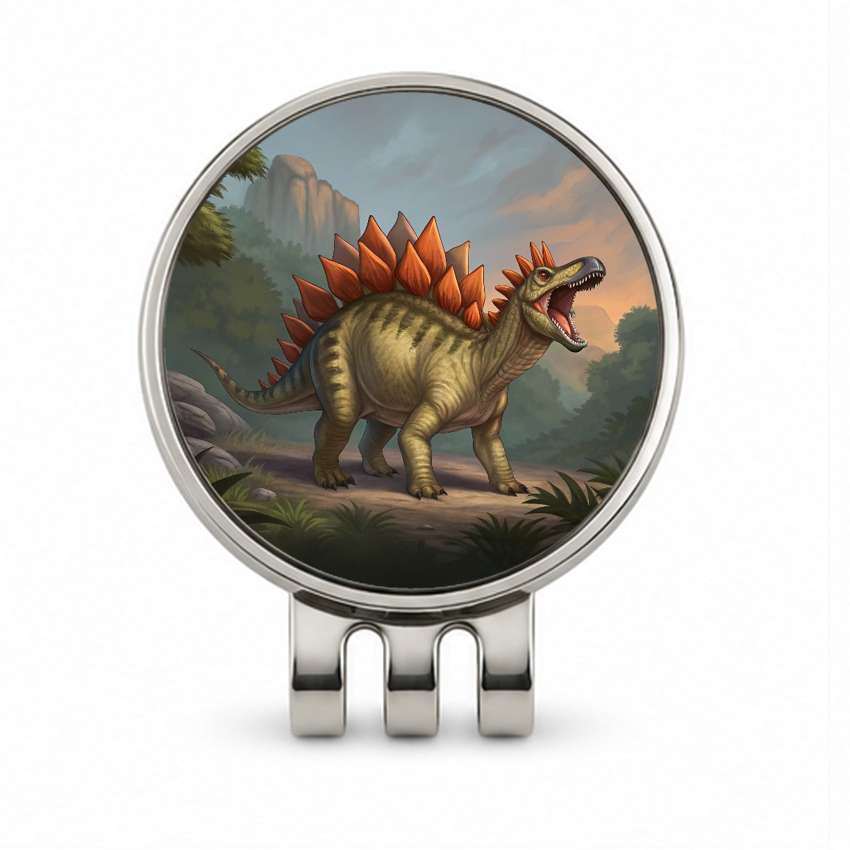 Roaring Stegosaurus Dinosaur Mountain Golf Hat Clip with Ball Marker