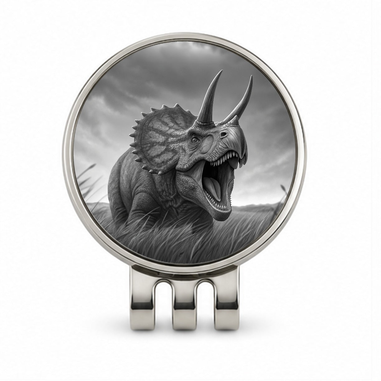 Roaring Triceratops Dinosaur Gray Golf Hat Clip with Ball Marker