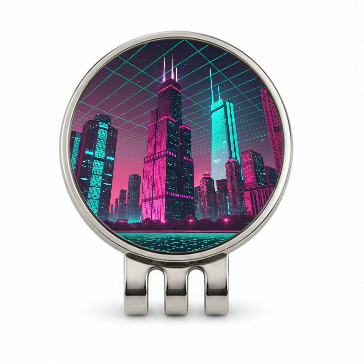 Skyscrapers Buildings Lit Pink Teal Golf Hat Clip with Ball Marker