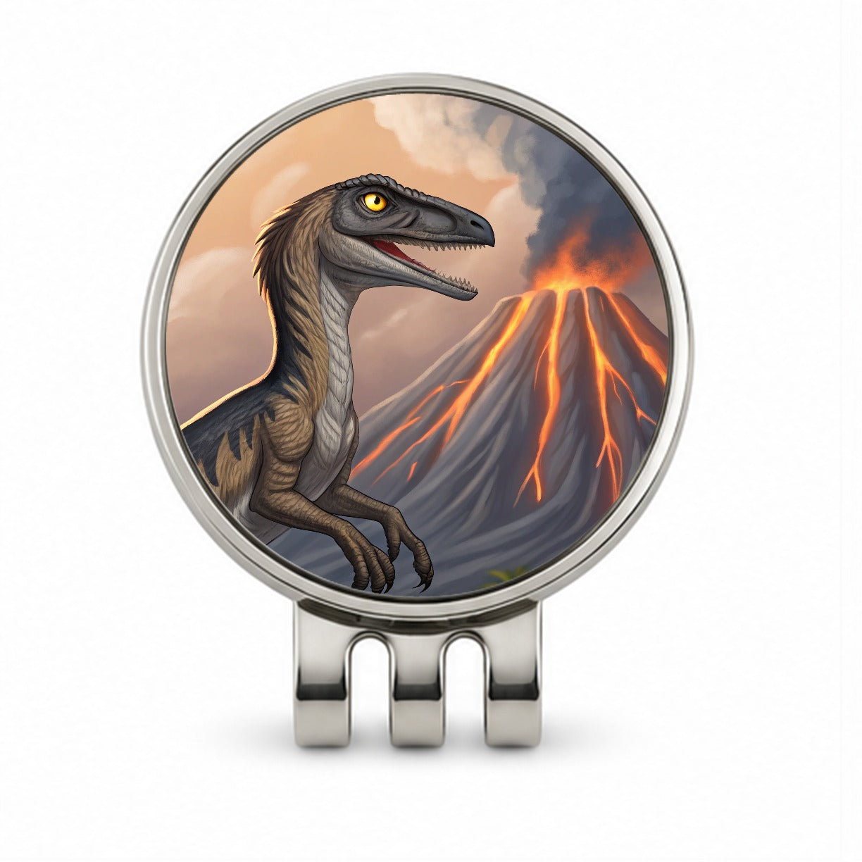 Troodon Volcano Erupting Dinosaur Golf Hat Clip with Ball Marker