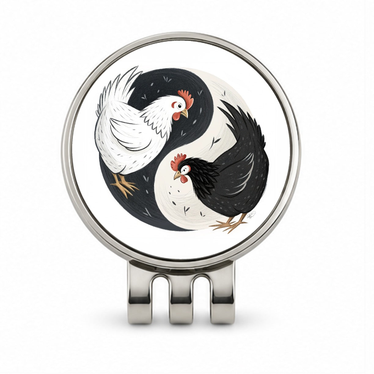 Two Chickens Yin Yang White Black Golf Hat Clip with Ball Marker