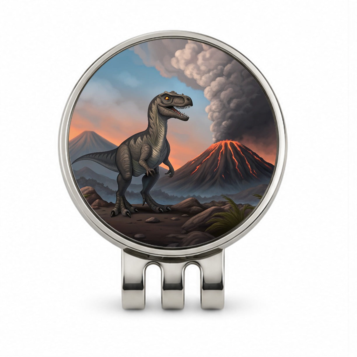Velociraptor Volcano Dinosaur Golf Hat Clip with Ball Marker