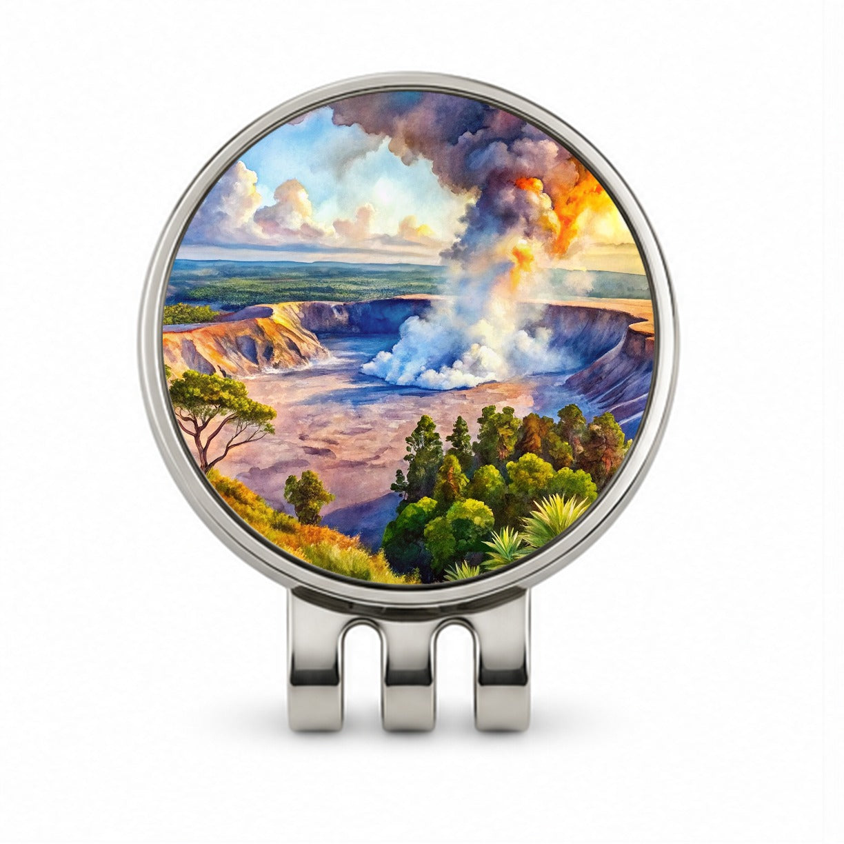 Hawai'i Volcanoes National Park Watercolor Style Golf Hat Clip with Ball Marker