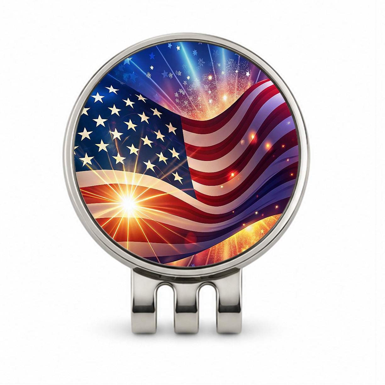 American Flag Sparkling Waving Patriotic Golf Hat Clip with Ball Marker
