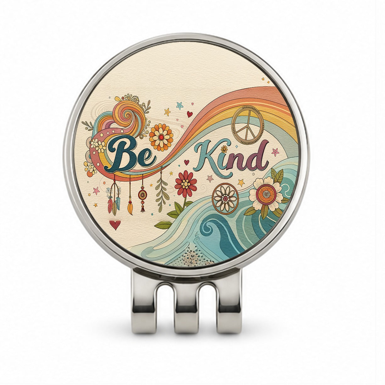 Be Kind Vintage Hippie Design Golf Hat Clip with Ball Marker