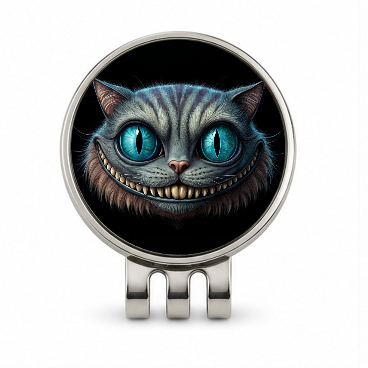 Creepy Cheshire Cat Grin on Black Golf Hat Clip with Ball Marker