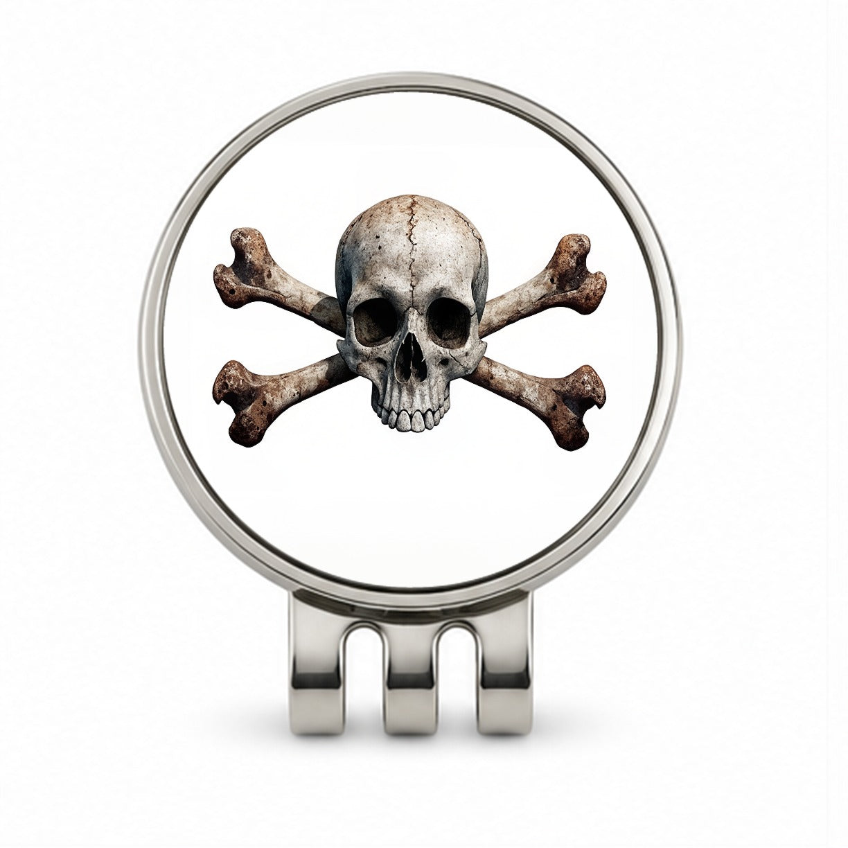 Pirate Skull And Crossbones on White Golf Hat Clip with Ball Marker