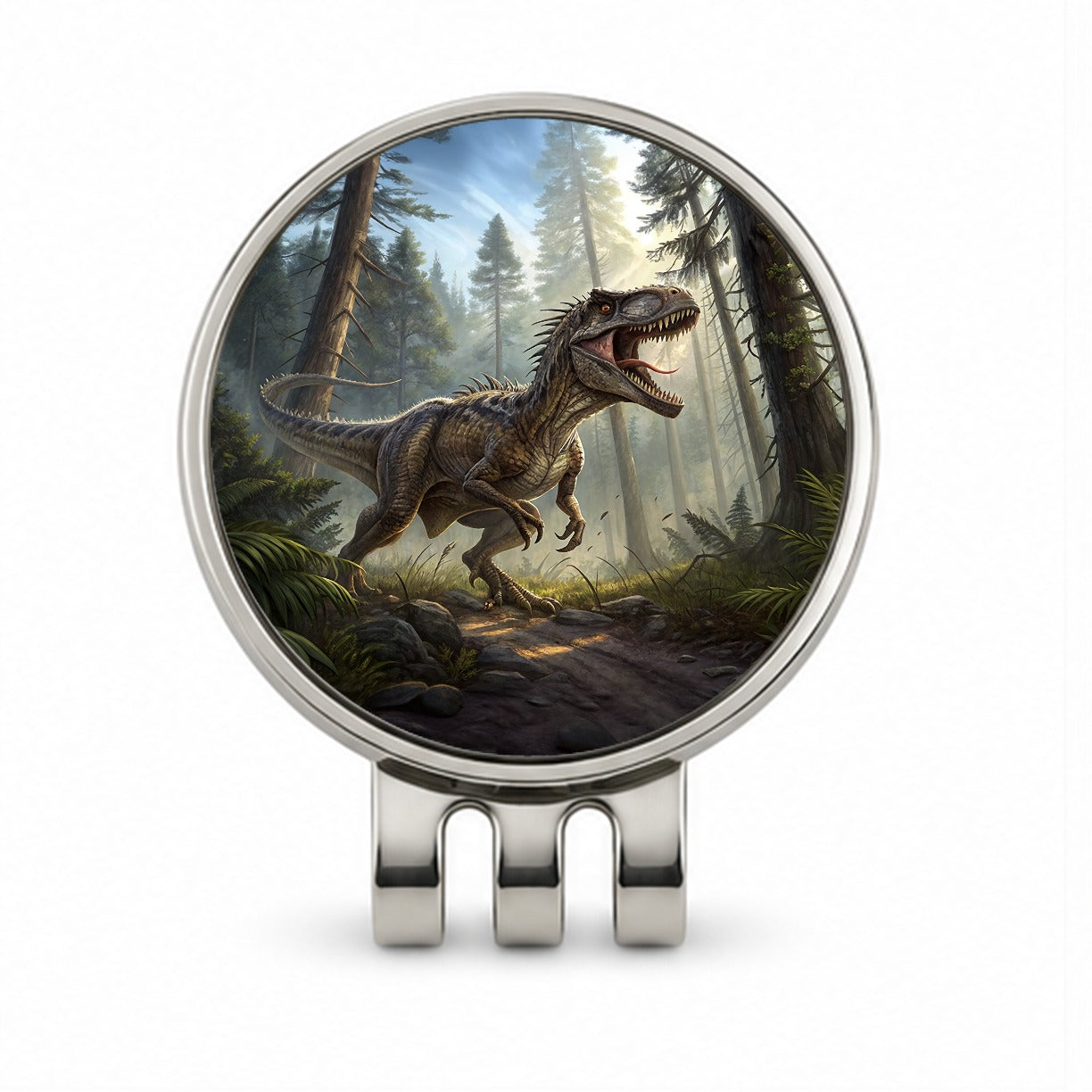 Raptor Dinosaur In Forest Golf Hat Clip with Ball Marker