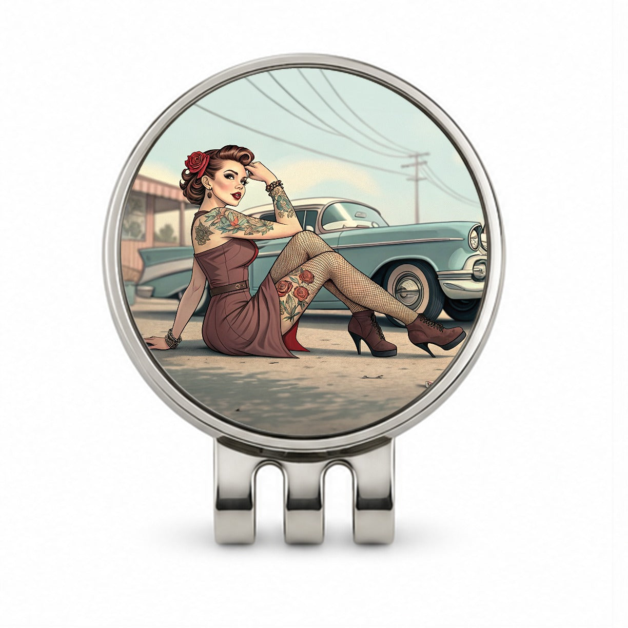 Rockabilly Retro 50's Pin-Up Girl With Tattoos Golf Hat Clip with Ball Marker