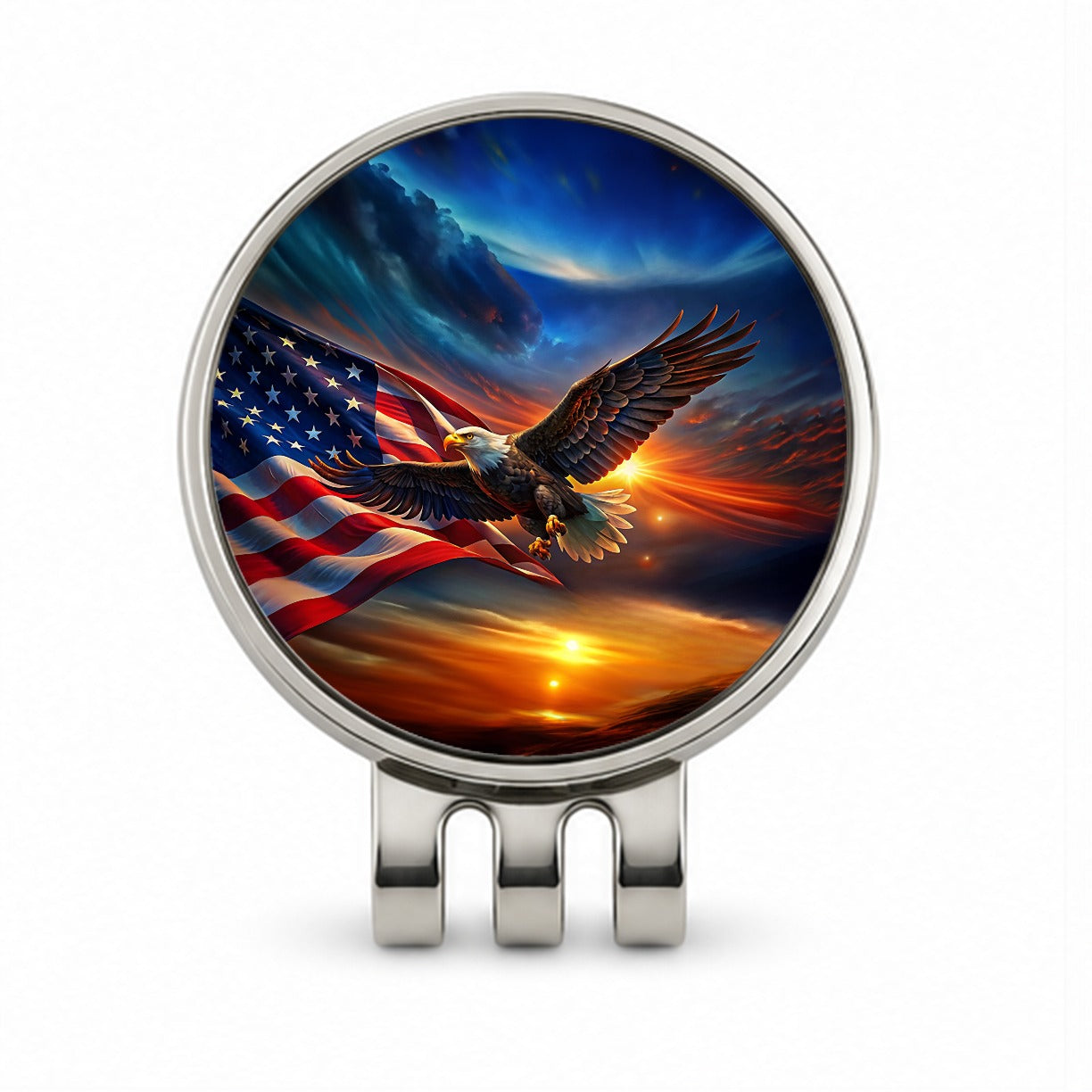 Awesome Patriotic American Flag and Flying Bald Eagle Golf Hat Clip with Ball Marker