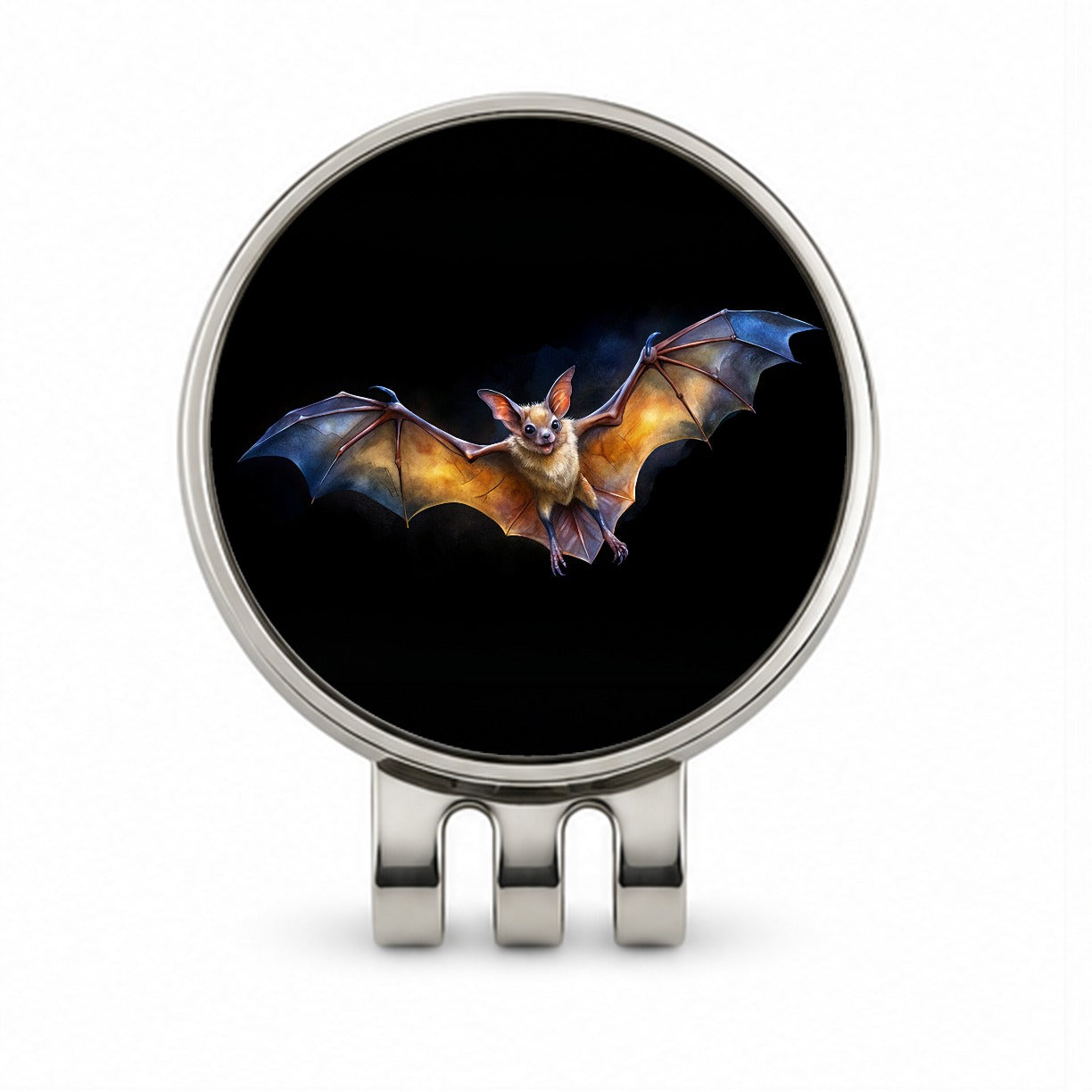 Bat Flying Watercolor Black Background Golf Hat Clip with Ball Marker
