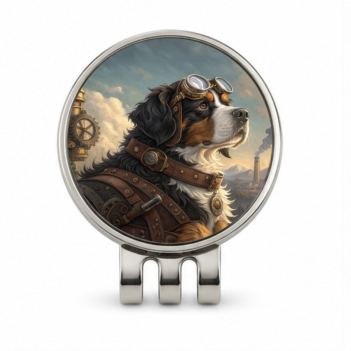 Bernese Mountain Dog Steampunk Golf Hat Clip with Ball Marker