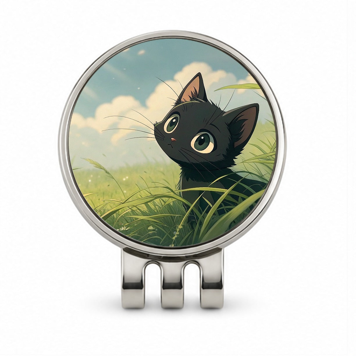 Black Kitten Cat in Field of Grass Anime Style Golf Hat Clip with Ball Marker