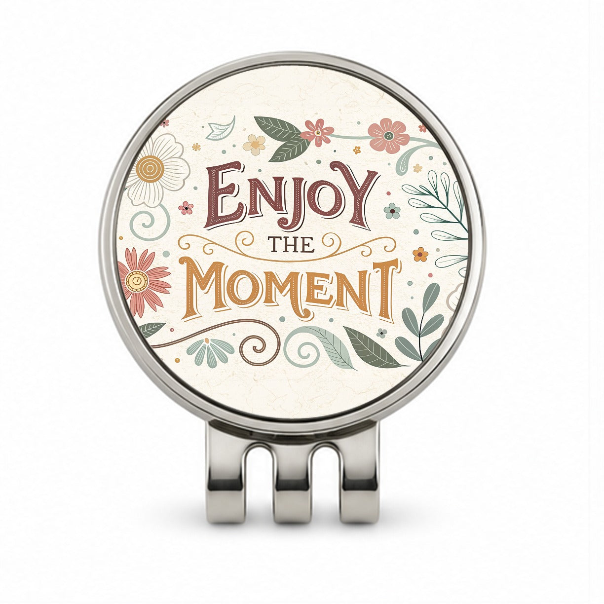 Enjoy The Moment Retro Floral Inspirational Golf Hat Clip with Ball Marker