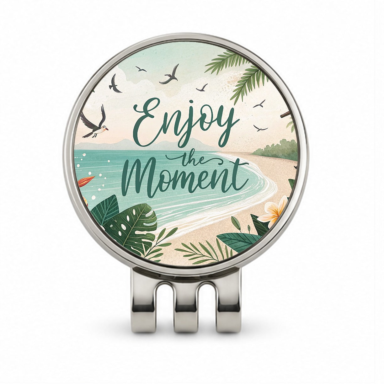 Enjoy The Moment Tropical Beach Inspirational Golf Hat Clip with Ball Marker