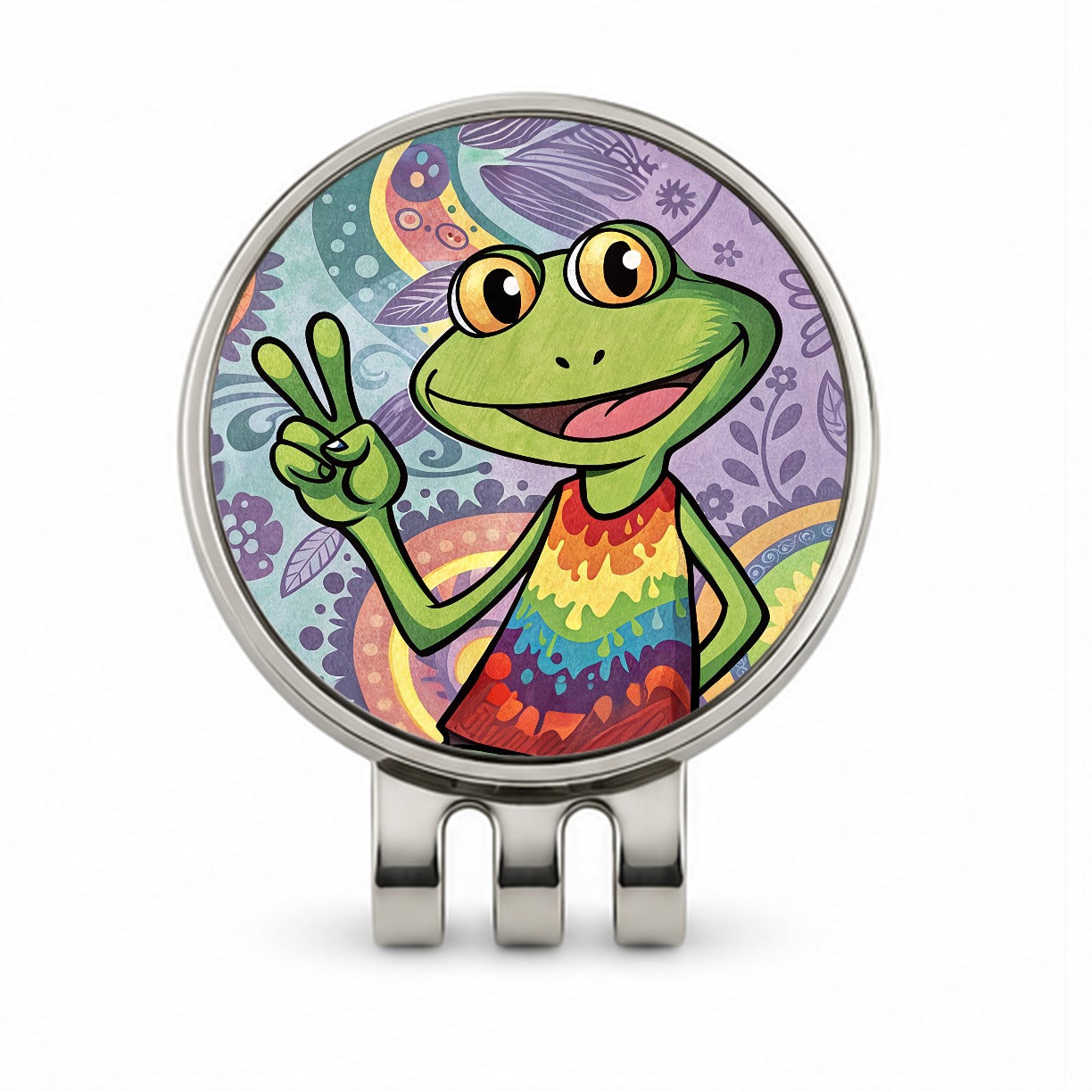 Frog Giving Peace Sign Hippie Tie Dye Golf Hat Clip with Ball Marker
