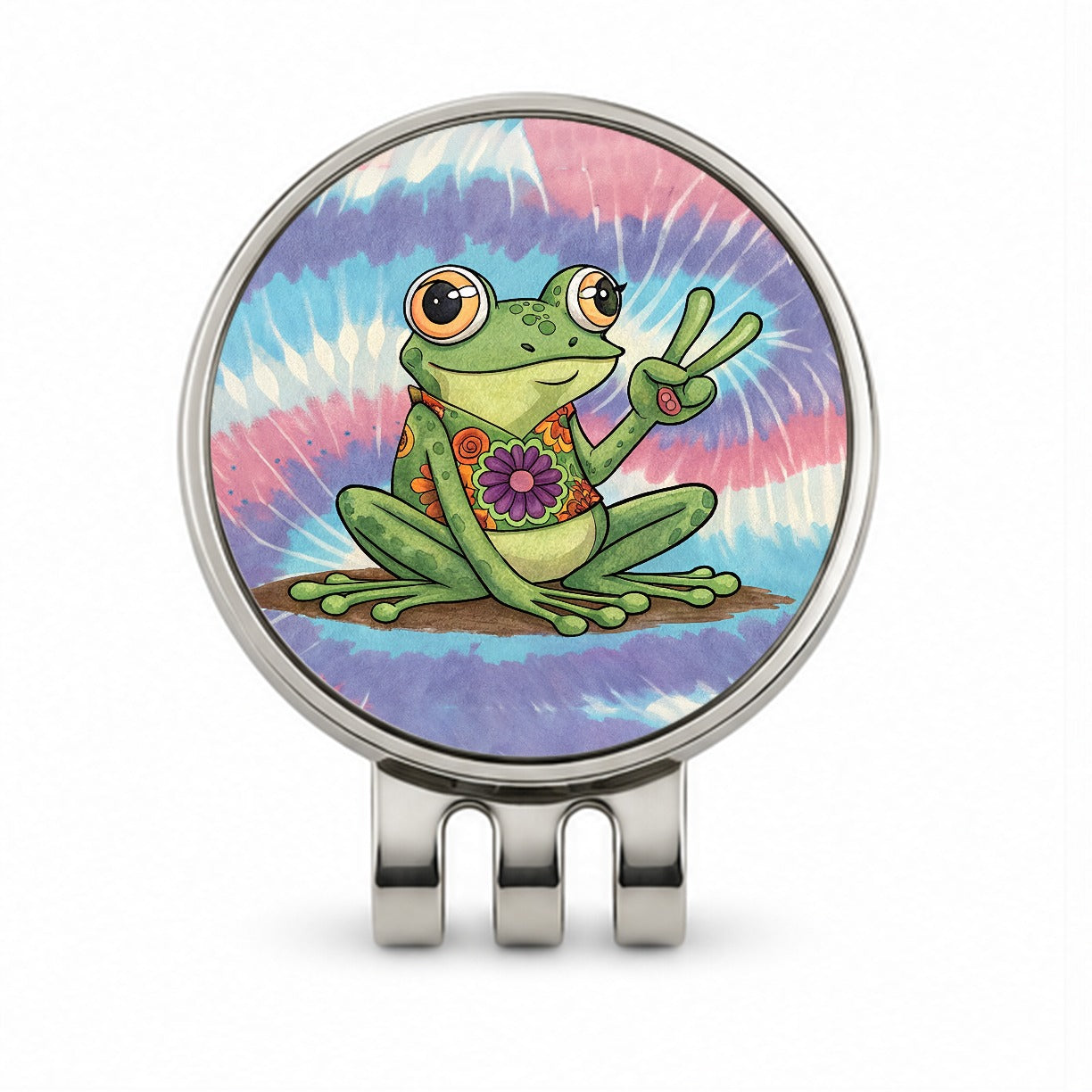 Frog Giving Peace Sign Tie-Dye Cartoon Golf Hat Clip with Ball Marker