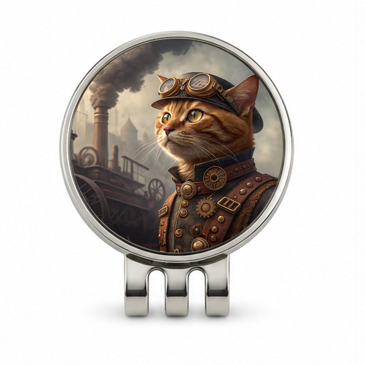 Orange Tabby Cat Steampunk Golf Hat Clip with Ball Marker