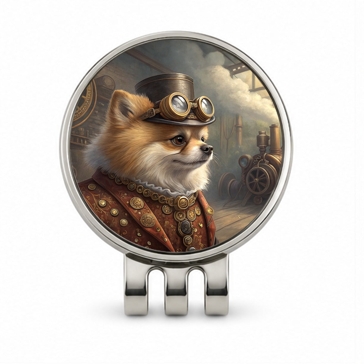 Pomeranian Dog Steampunk Golf Hat Clip with Ball Marker