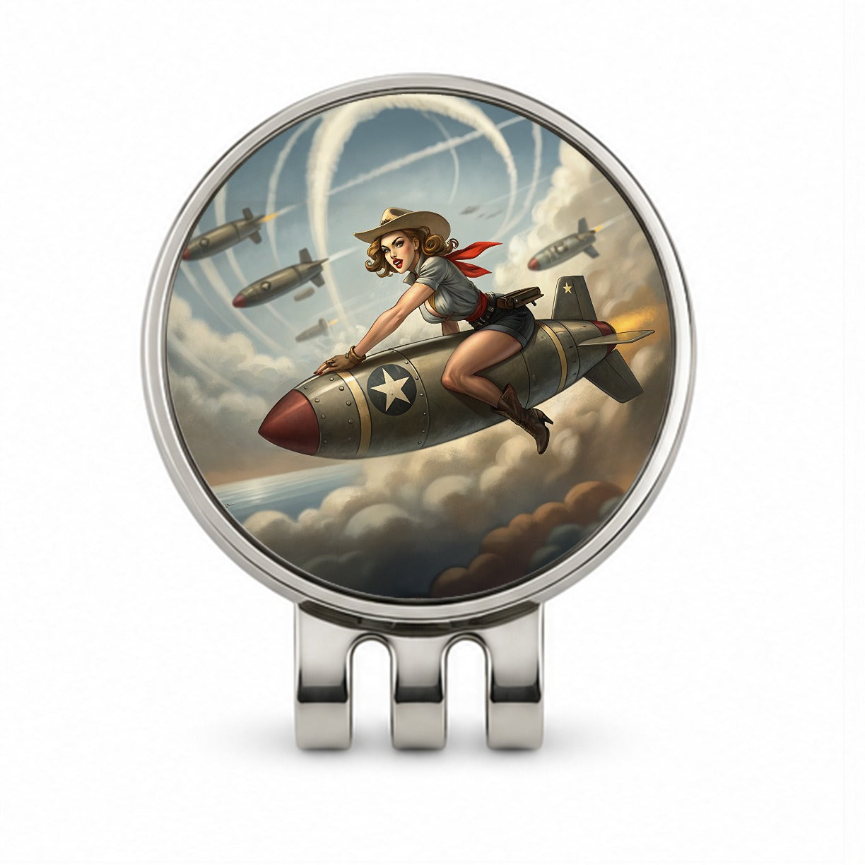 Rockabilly Patriotic Pin-Up Cowgirl Riding Bomb Funny Golf Hat Clip with Ball Marker