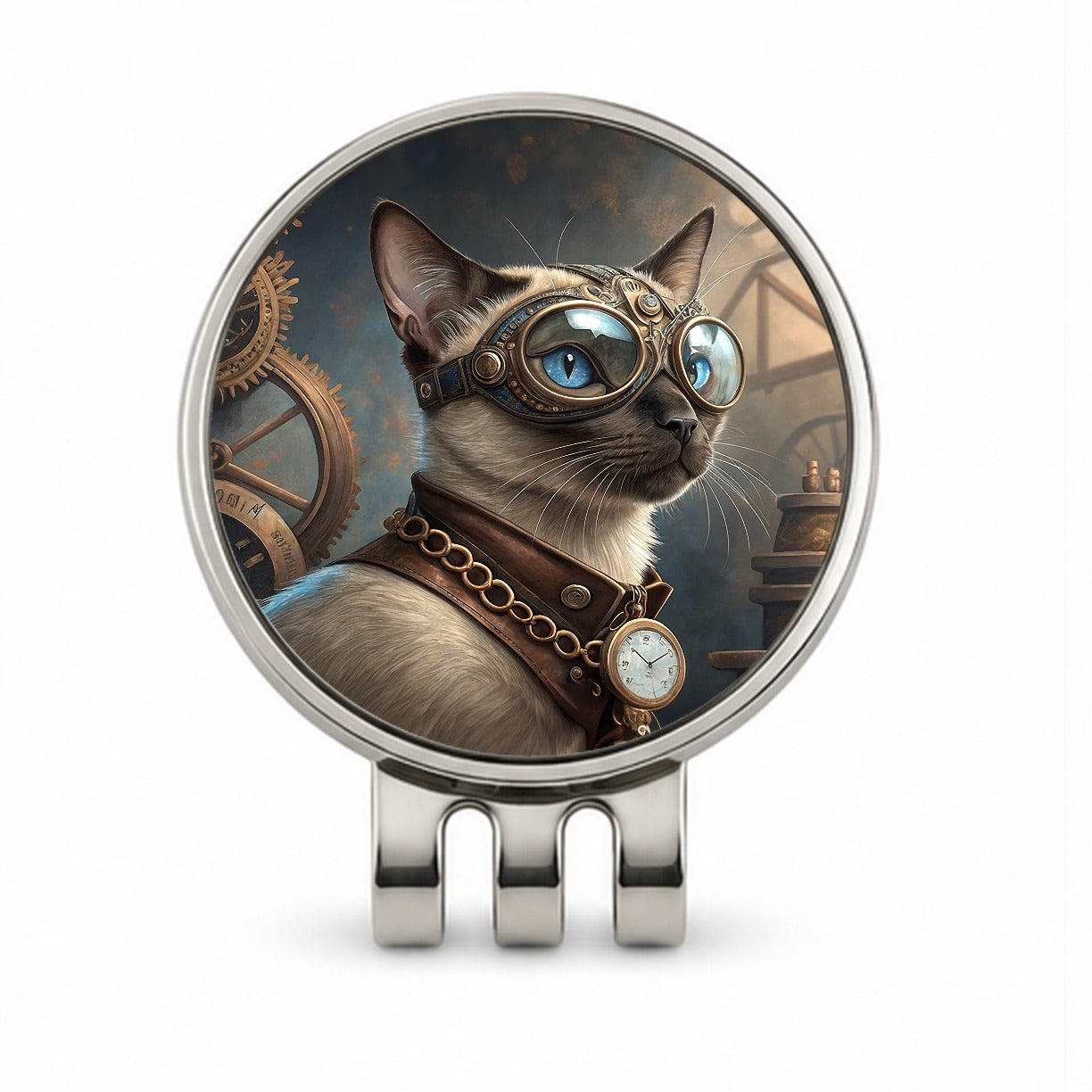 Siamese Cat Steampunk Golf Hat Clip with Ball Marker