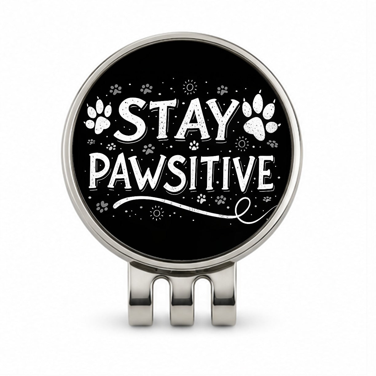 Stay Pawsitive Positive Black White Paw Prints Golf Hat Clip with Ball Marker