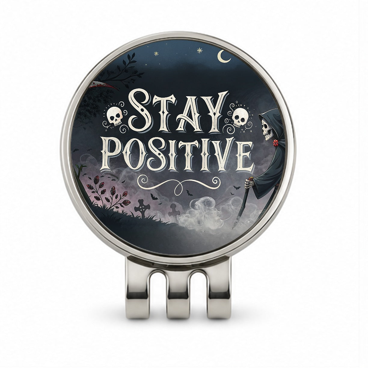 Stay Positive Funny Grim Reaper Death Cartoon Golf Hat Clip with Ball Marker
