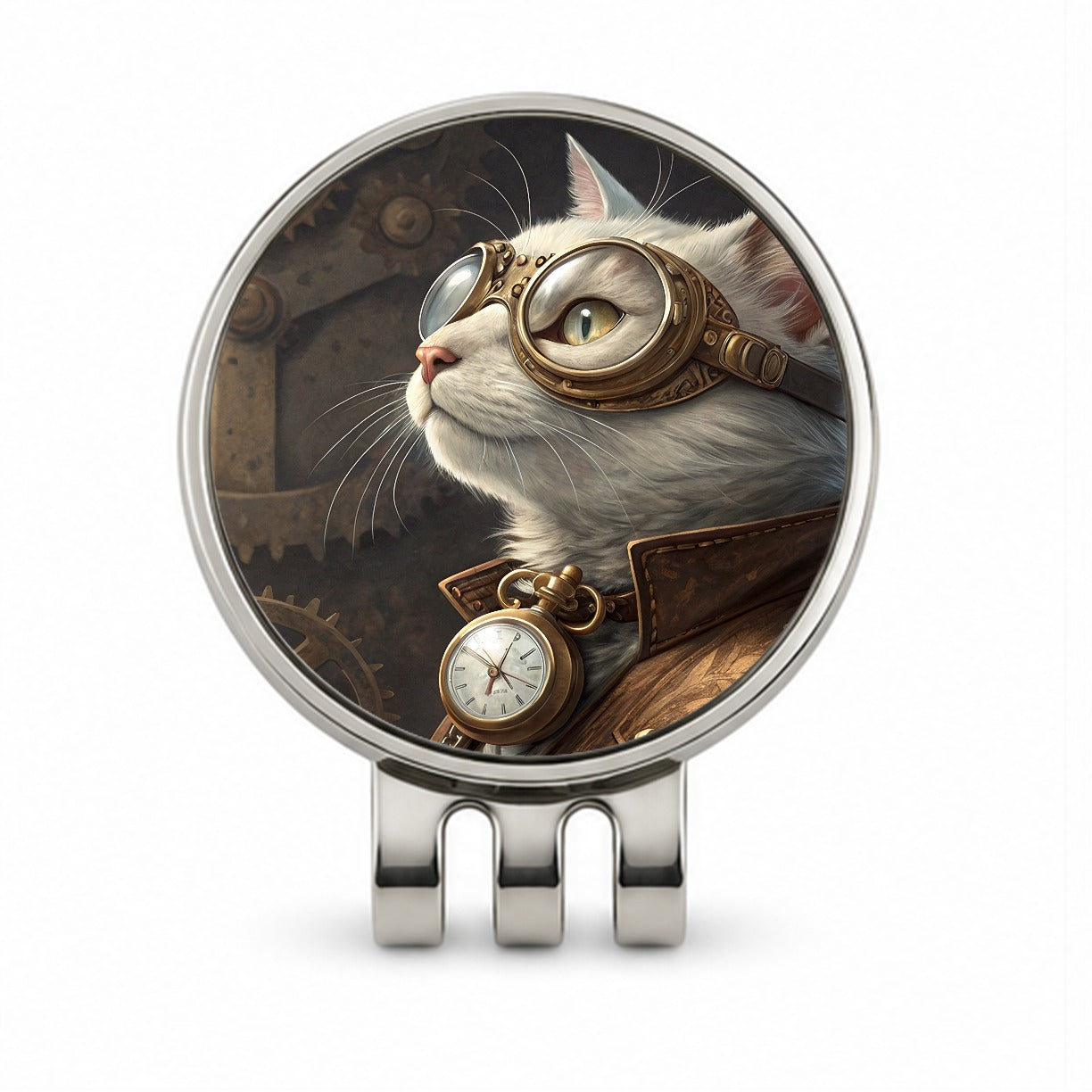 White Cat Steampunk Golf Hat Clip with Ball Marker