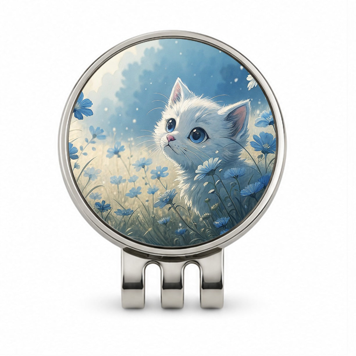White Kitten in Field Of Blue Flowers Anime Style Golf Hat Clip with Ball Marker