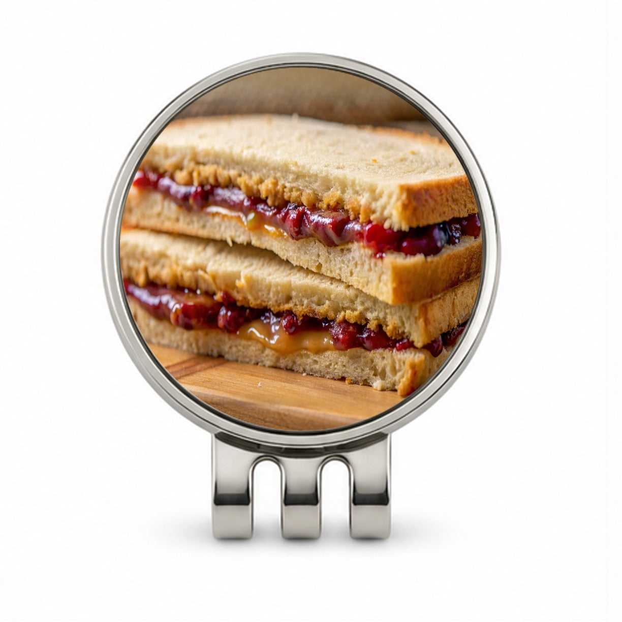 Close-up of a PB&J Peanut Butter And Jelly Sandwich Golf Hat Clip with Ball Marker